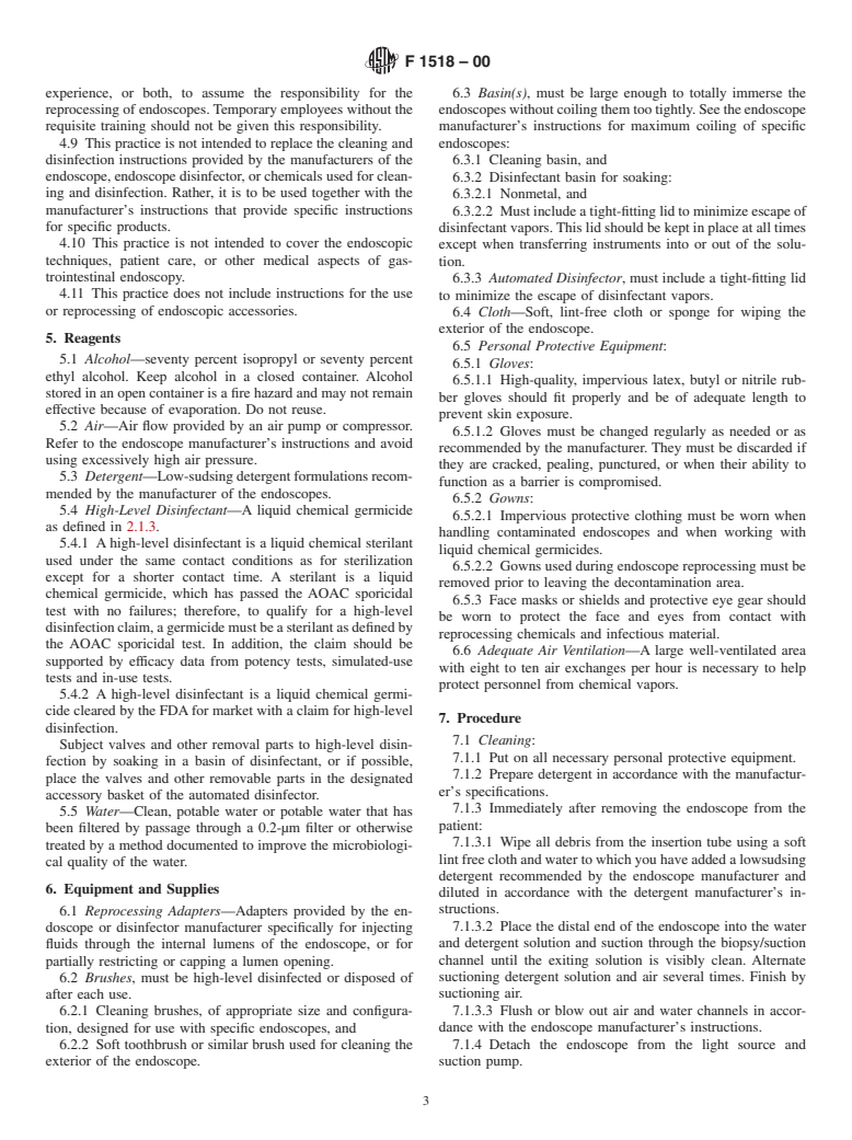 ASTM F1518-00 - Standard Practice for Cleaning and Disinfection of Flexible Fiberoptic and Video Endoscopes Used in the Examination of the Hollow Viscera (Withdrawn 2009)