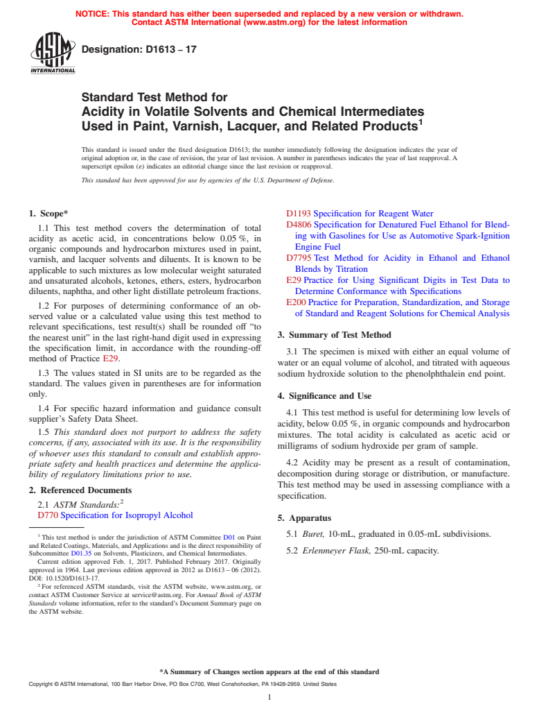 ASTM D1613-17 - Standard Test Method for Acidity in Volatile Solvents and Chemical Intermediates Used   in Paint,     Varnish, Lacquer, and Related Products