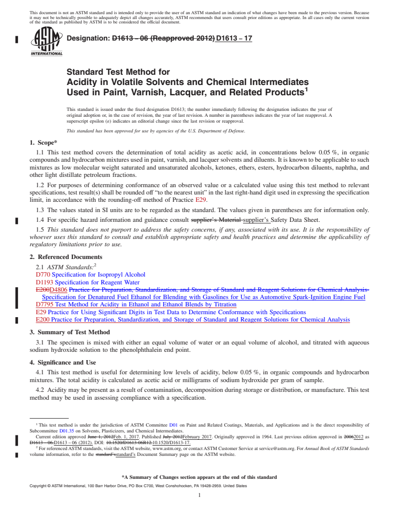 REDLINE ASTM D1613-17 - Standard Test Method for Acidity in Volatile Solvents and Chemical Intermediates Used   in Paint,     Varnish, Lacquer, and Related Products