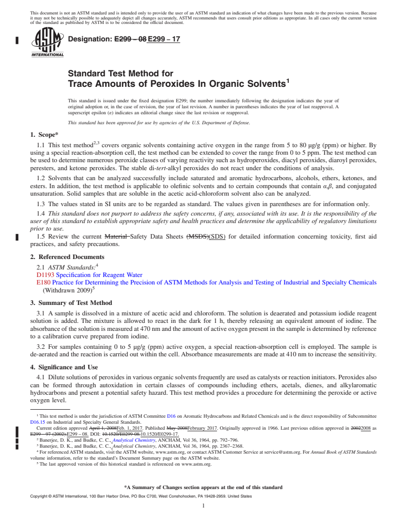 REDLINE ASTM E299-17 - Standard Test Method for Trace Amounts of Peroxides In Organic Solvents