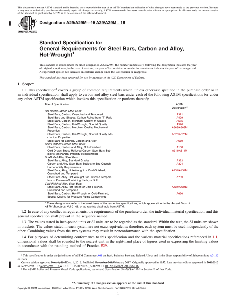 REDLINE ASTM A29/A29M-16 - Standard Specification for General Requirements for Steel Bars, Carbon and Alloy, Hot-Wrought