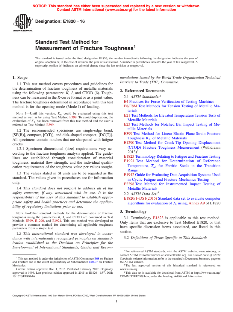 ASTM E1820-16 - Standard Test Method for  Measurement of Fracture Toughness