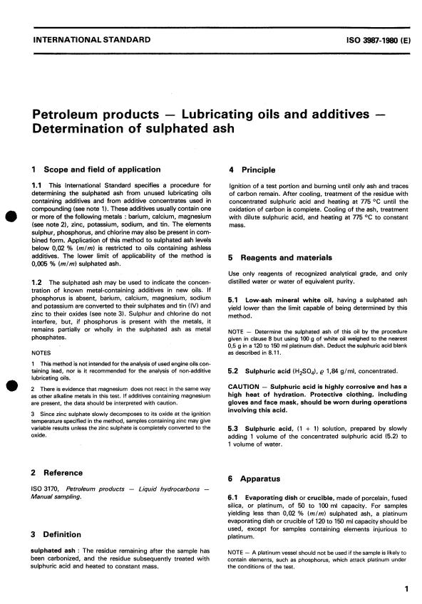 ISO 3987:1980 - Petroleum products -- Lubricating oils and additives -- Determination of sulphated ash