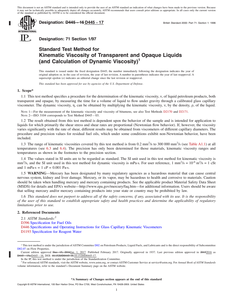 REDLINE ASTM D445-17 - Standard Test Method for  Kinematic Viscosity of Transparent and Opaque Liquids (and  Calculation of Dynamic Viscosity)