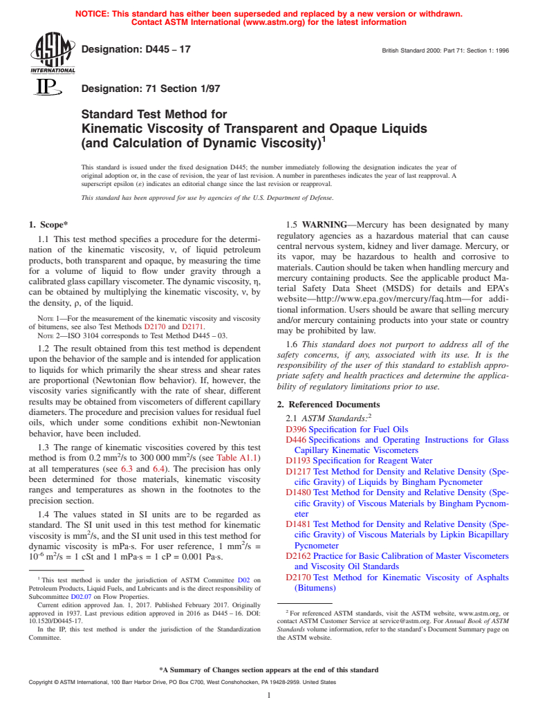 ASTM D445-17 - Standard Test Method for  Kinematic Viscosity of Transparent and Opaque Liquids (and  Calculation of Dynamic Viscosity)