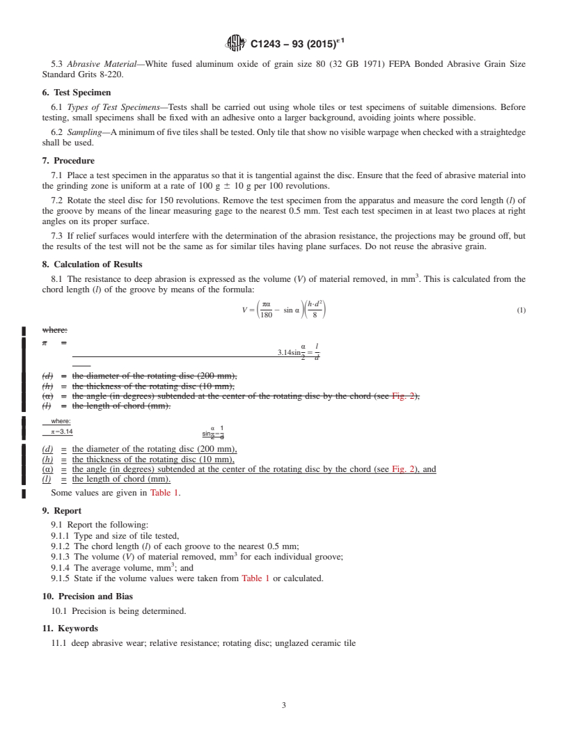 REDLINE ASTM C1243-93(2015)e1 - Standard Test Method for  Relative Resistance to Deep Abrasive Wear of Unglazed Ceramic   Tile by Rotating Disc