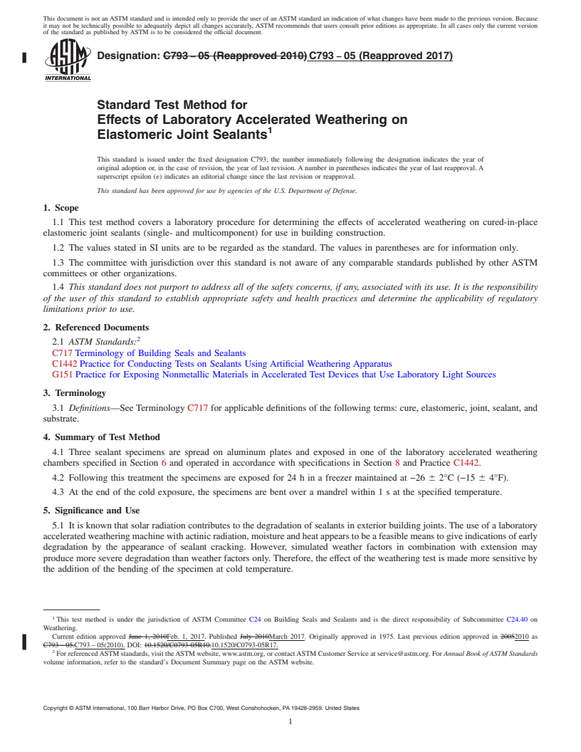 REDLINE ASTM C793-05(2017) - Standard Test Method for  Effects of Laboratory Accelerated Weathering on Elastomeric  Joint Sealants