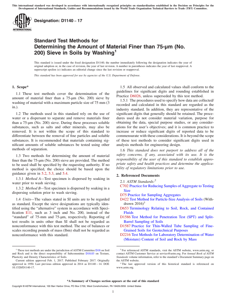 ASTM D1140-17 - Standard Test Methods for  Determining the Amount of Material Finer than 75-μm (No.  200) Sieve in Soils by Washing