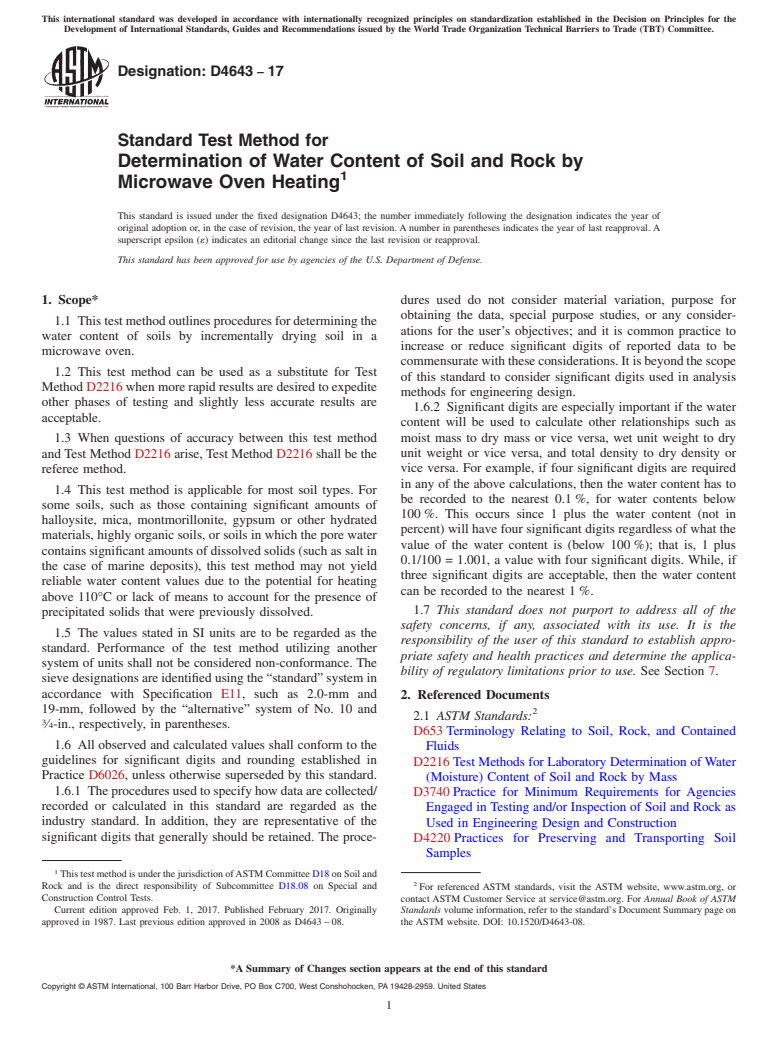 ASTM D4643-17 - Standard Test Method for  Determination of Water Content of Soil and Rock by Microwave  Oven Heating