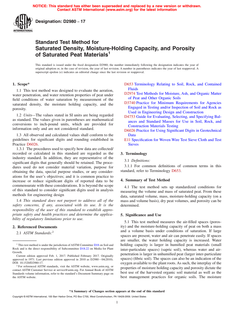 ASTM D2980-17 - Standard Test Method for  Saturated Density, Moisture-Holding Capacity, and Porosity  of Saturated Peat Materials