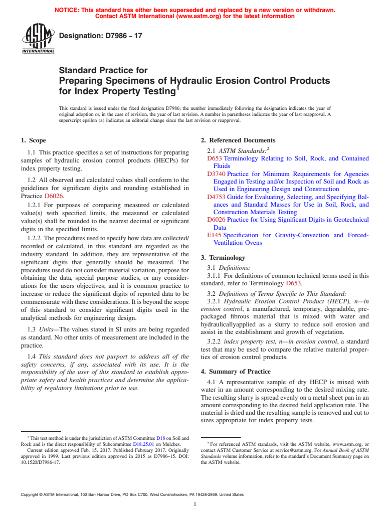 ASTM D7986-17 - Standard Practice for Preparing Specimens of Hydraulic Erosion Control Products for  Index Property Testing