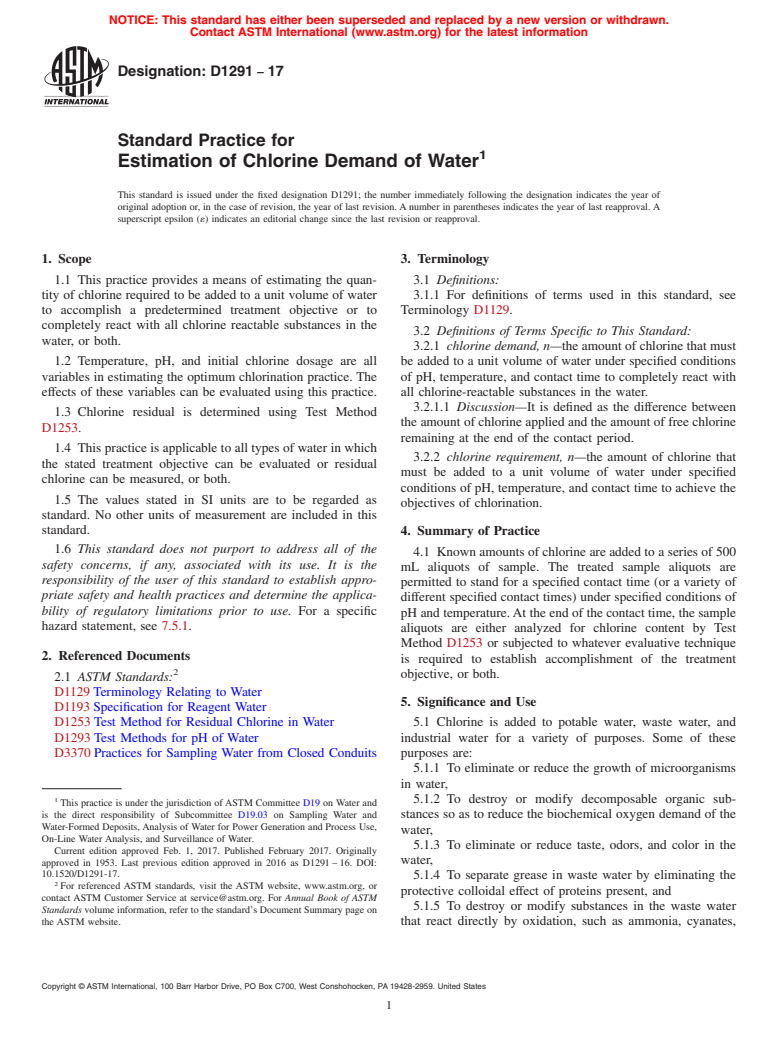 ASTM D1291-17 - Standard Practice for  Estimation of Chlorine Demand of Water