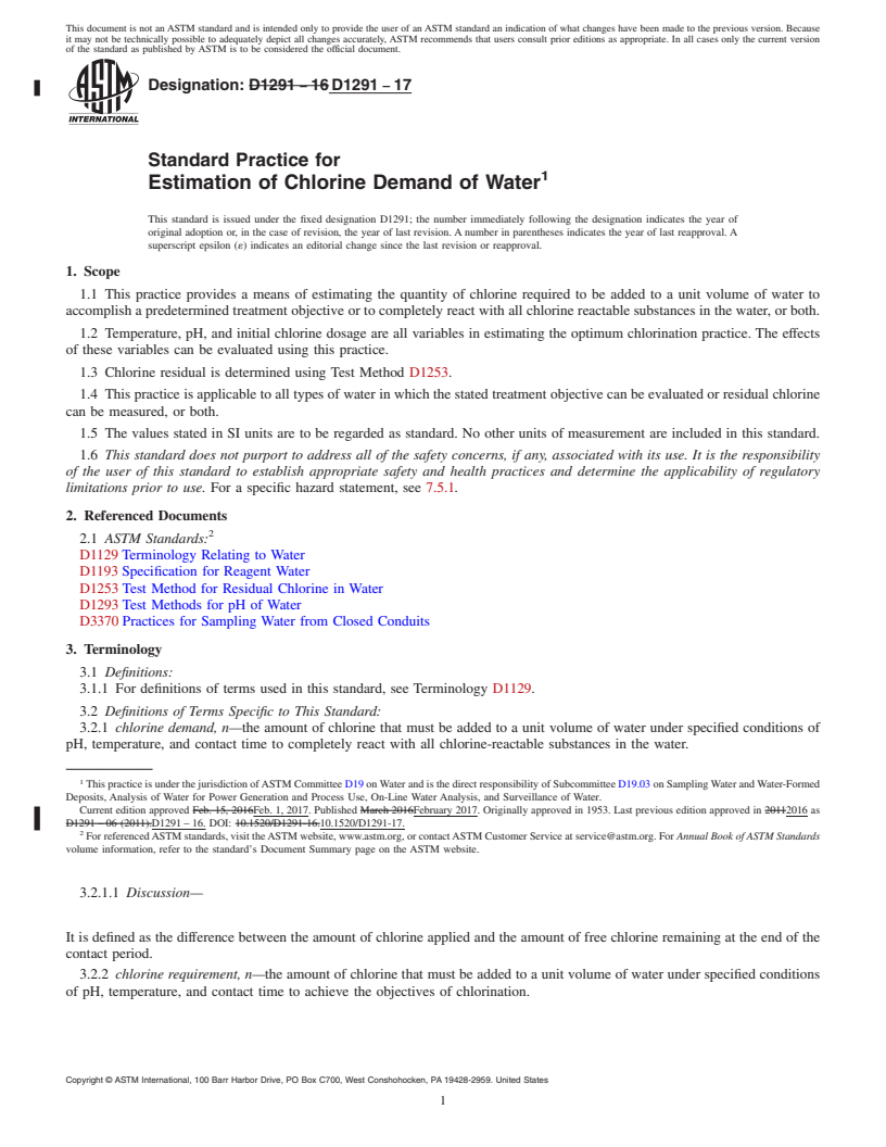 REDLINE ASTM D1291-17 - Standard Practice for  Estimation of Chlorine Demand of Water