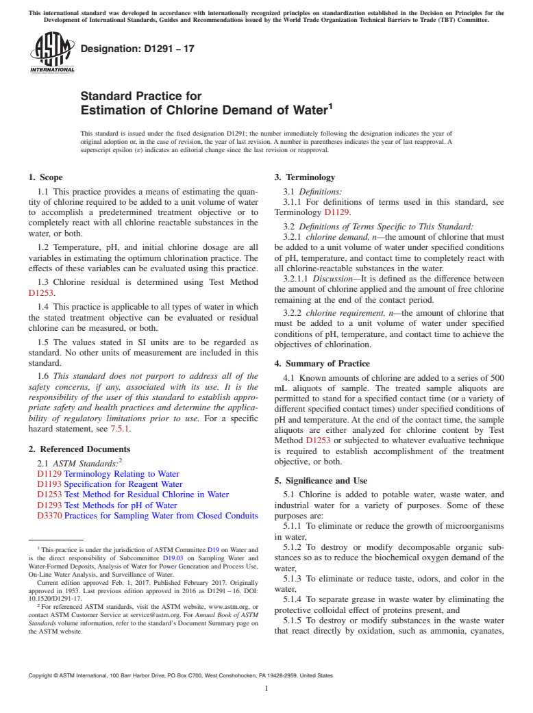 ASTM D1291-17 - Standard Practice for  Estimation of Chlorine Demand of Water