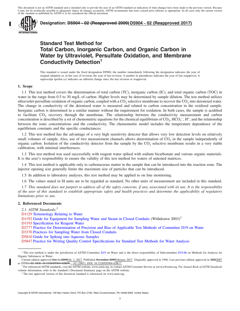 REDLINE ASTM D5904-02(2017) - Standard Test Method for  Total Carbon, Inorganic Carbon, and Organic Carbon in Water   by Ultraviolet, Persulfate Oxidation, and Membrane Conductivity Detection