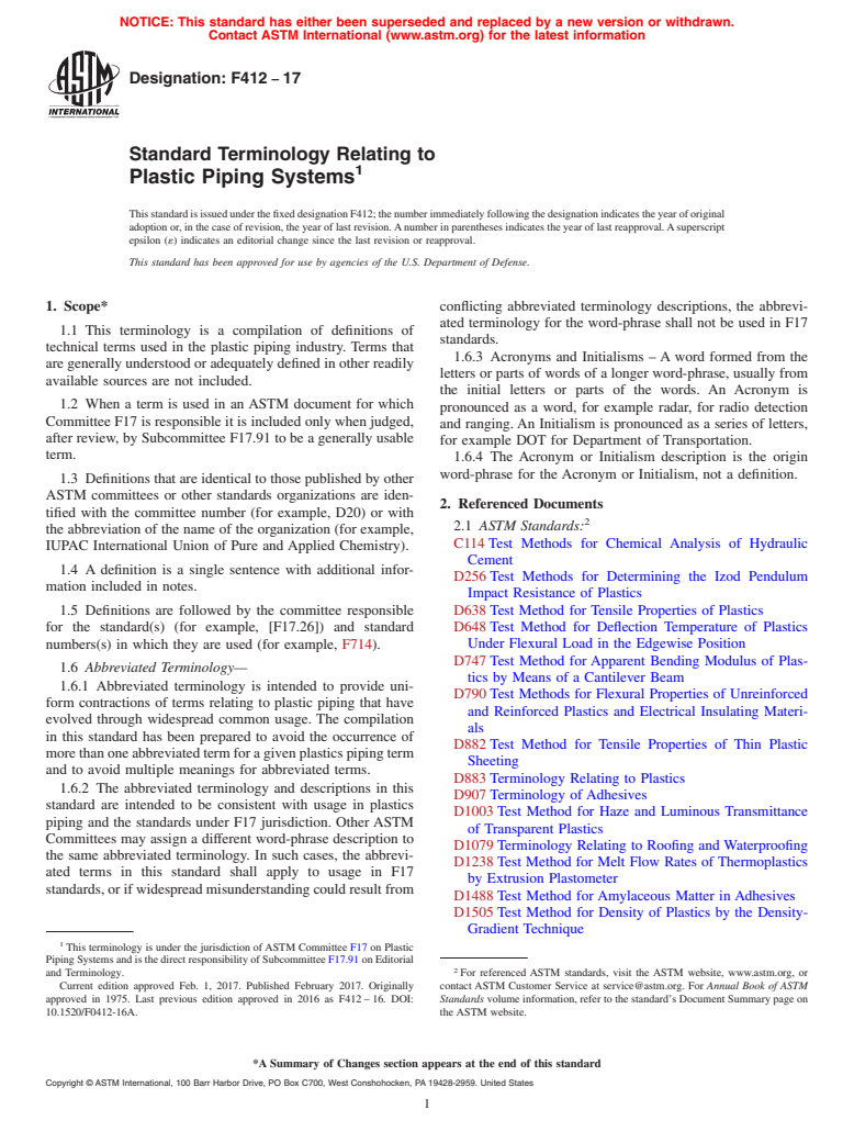 ASTM F412-17 - Standard Terminology Relating to  Plastic Piping Systems