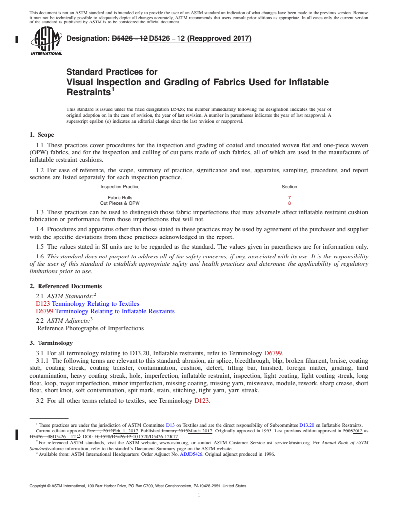 REDLINE ASTM D5426-12(2017) - Standard Practices for  Visual Inspection and Grading of Fabrics Used for Inflatable  Restraints