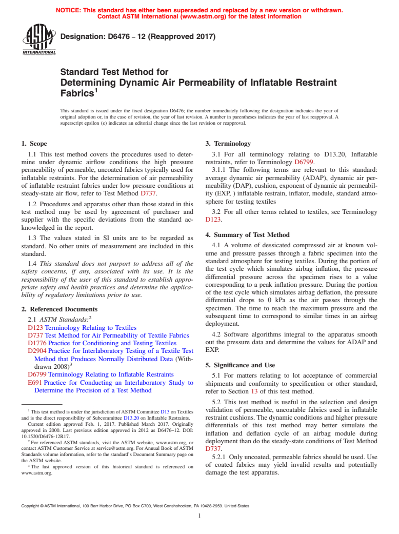 ASTM D6476-12(2017) - Standard Test Method for  Determining Dynamic Air Permeability of Inflatable Restraint  Fabrics