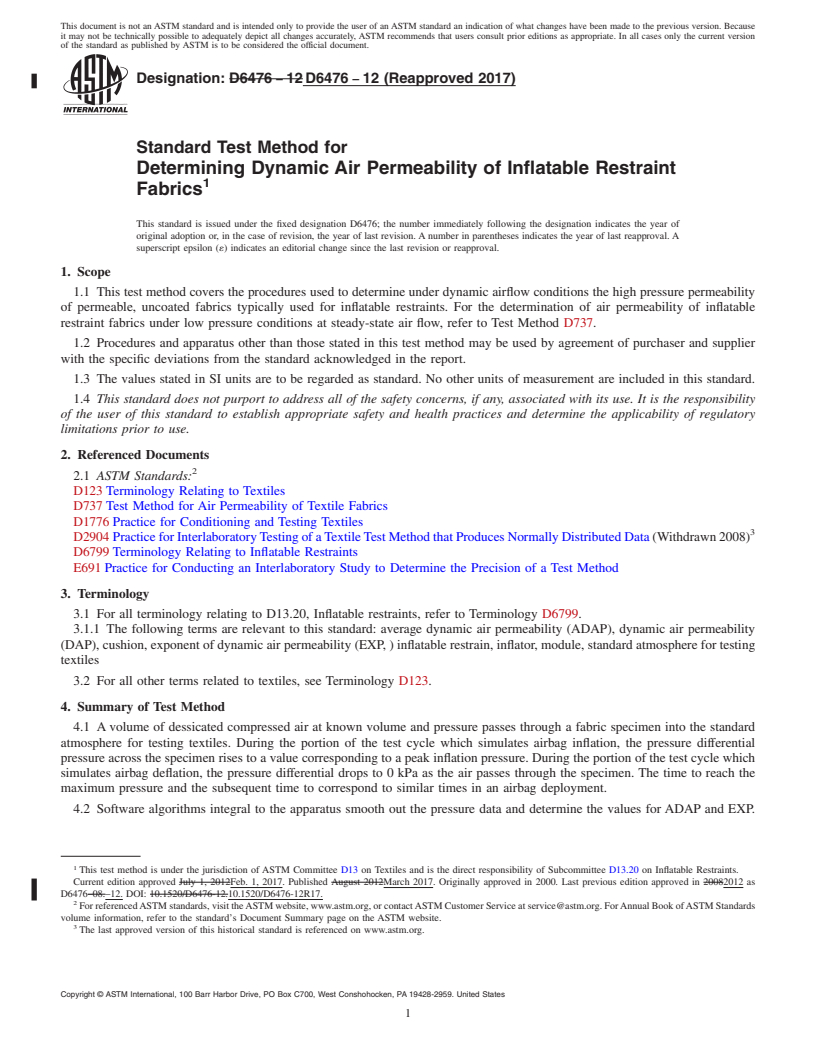 REDLINE ASTM D6476-12(2017) - Standard Test Method for  Determining Dynamic Air Permeability of Inflatable Restraint  Fabrics