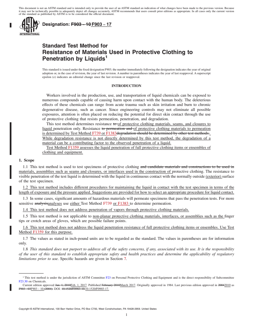 REDLINE ASTM F903-17 - Standard Test Method for  Resistance of Materials Used in Protective Clothing to Penetration  by Liquids
