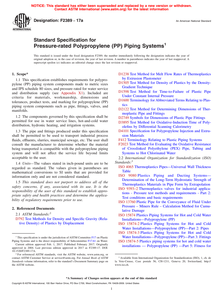 ASTM F2389-17a - Standard Specification for  Pressure-rated Polypropylene (PP) Piping Systems