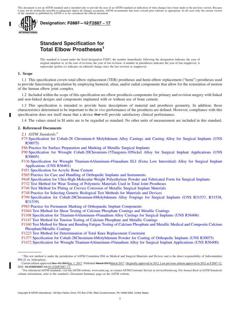 REDLINE ASTM F2887-17 - Standard Specification for Total Elbow Prostheses