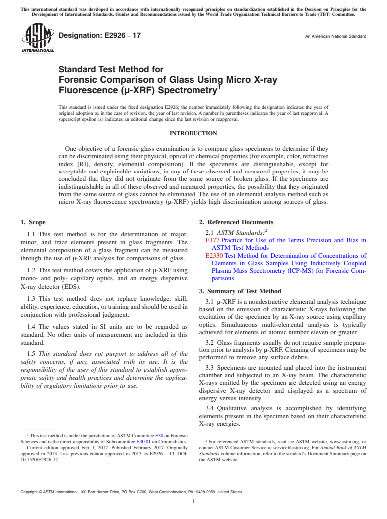 ASTM E2926-17 - Standard Test Method for Forensic Comparison of Glass Using Micro X-ray Fluorescence  (&#xb5;-XRF) Spectrometry
