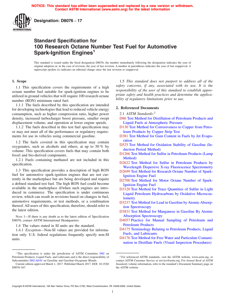 ASTM D8076-17 - Standard Specification for 100 Research Octane Number Test Fuel for Automotive Spark-Ignition  Engines