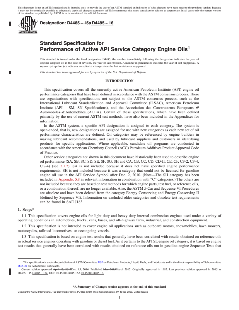 REDLINE ASTM D4485-16 - Standard Specification for  Performance of Active API Service Category Engine Oils