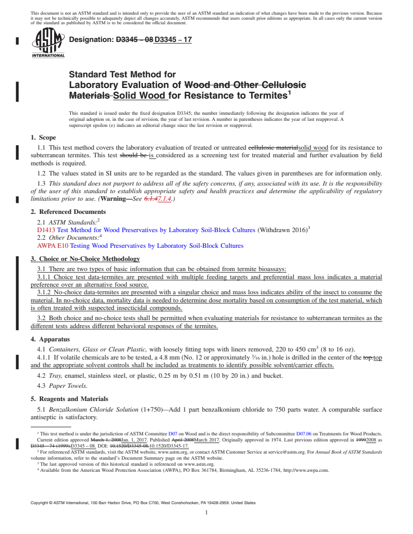 REDLINE ASTM D3345-17 - Standard Test Method for  Laboratory Evaluation of Solid Wood for Resistance to Termites