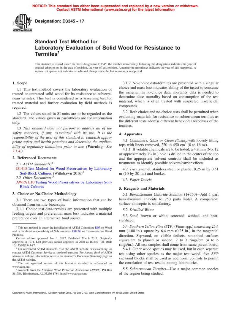 ASTM D3345-17 - Standard Test Method for  Laboratory Evaluation of Solid Wood for Resistance to Termites