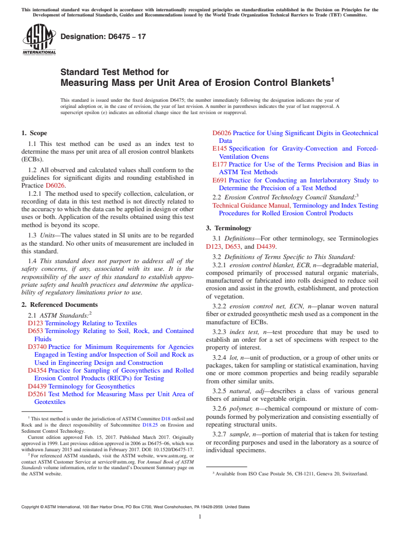 ASTM D6475-17 - Standard Test Method for  Measuring Mass per Unit Area of Erosion Control Blankets