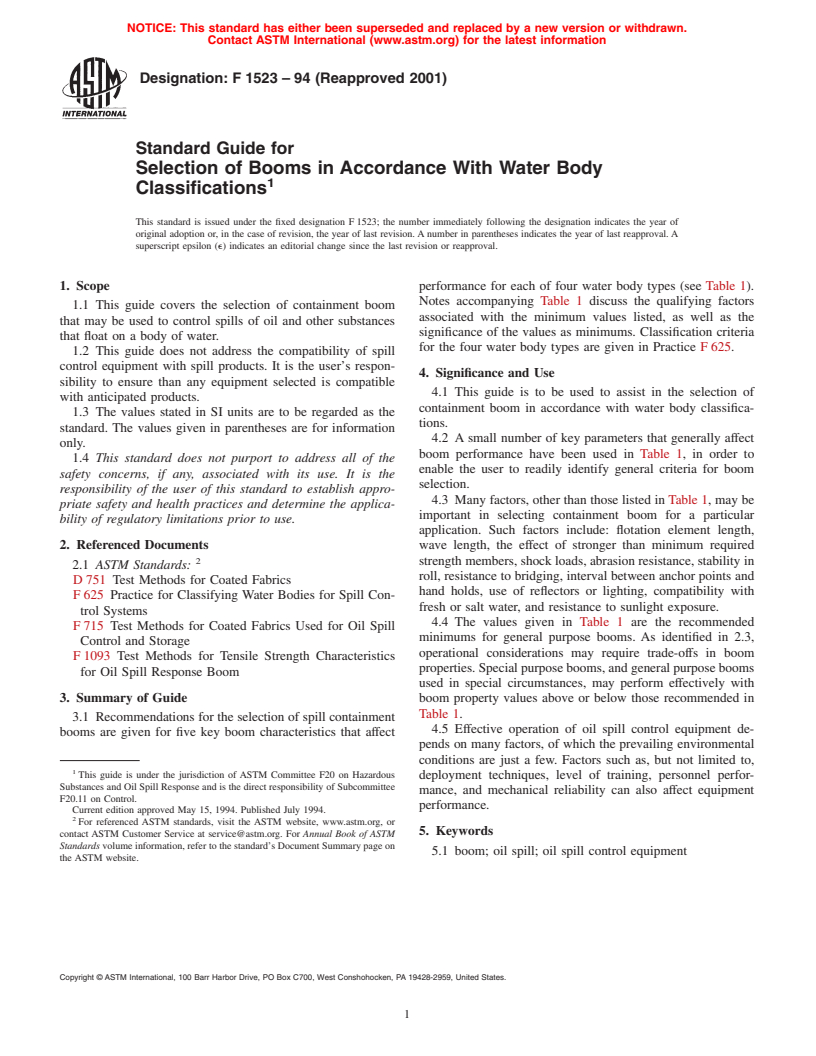 ASTM F1523-94(2001) - Standard Guide for Selection of Booms in Accordance With Water Body Classifications