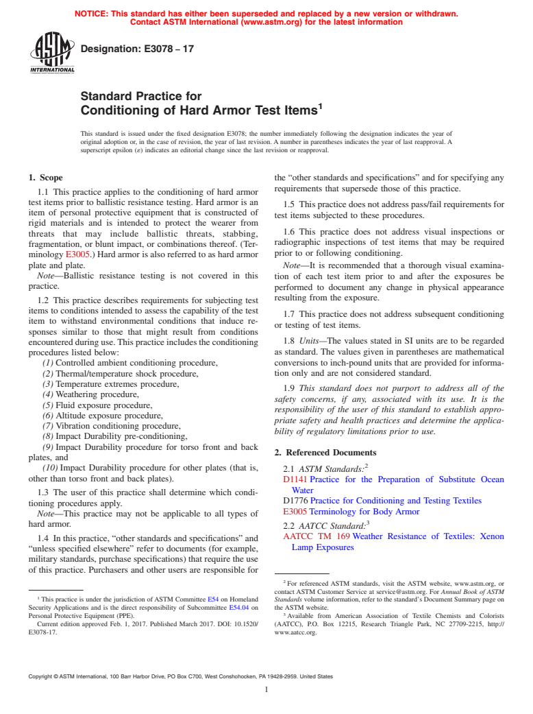 ASTM E3078-17 - Standard Practice for Conditioning of Hard Armor Test Items