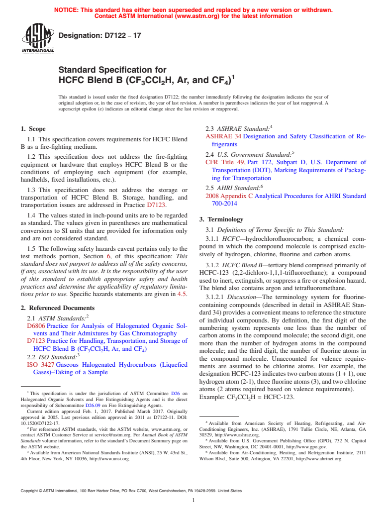 ASTM D7122-17 - Standard Specification for HCFC Blend B (CF<inf>3</inf>CCl<inf>2</inf>H, Ar, and CF<inf  >4</inf>)