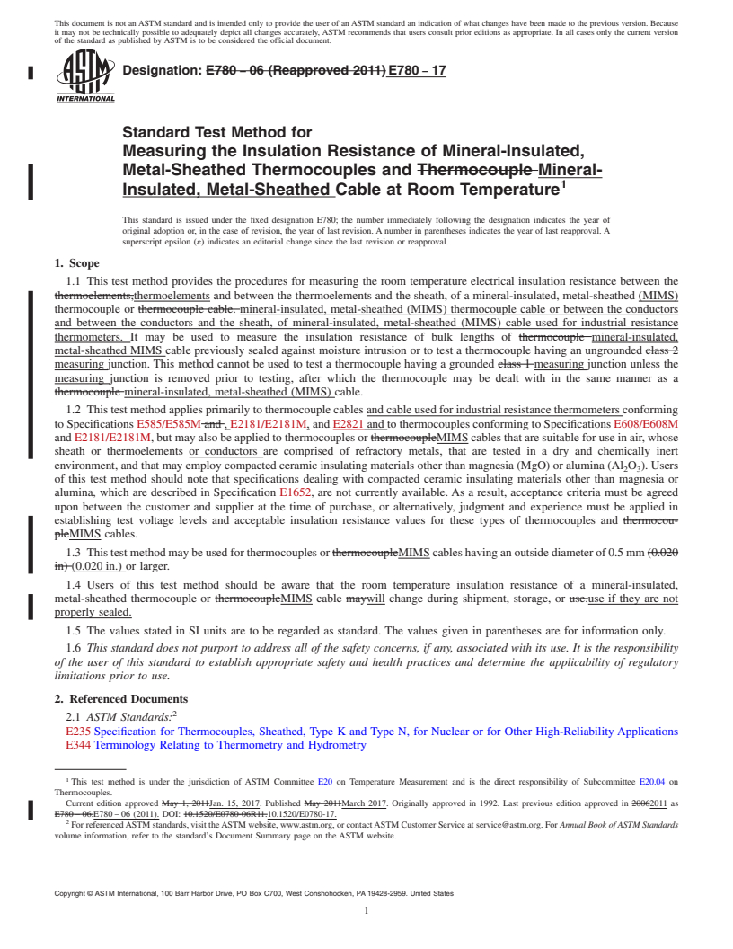 REDLINE ASTM E780-17 - Standard Test Method for  Measuring the Insulation Resistance of Mineral-Insulated, Metal-Sheathed  Thermocouples and Mineral-Insulated, Metal-Sheathed Cable at Room  Temperature