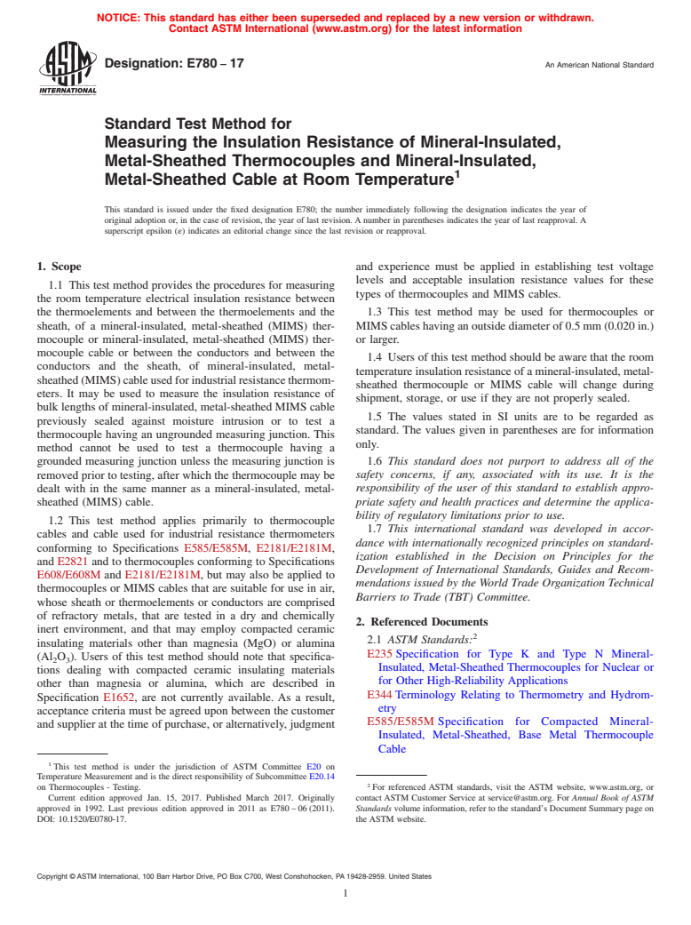 ASTM E780-17 - Standard Test Method for  Measuring the Insulation Resistance of Mineral-Insulated, Metal-Sheathed  Thermocouples and Mineral-Insulated, Metal-Sheathed Cable at Room  Temperature