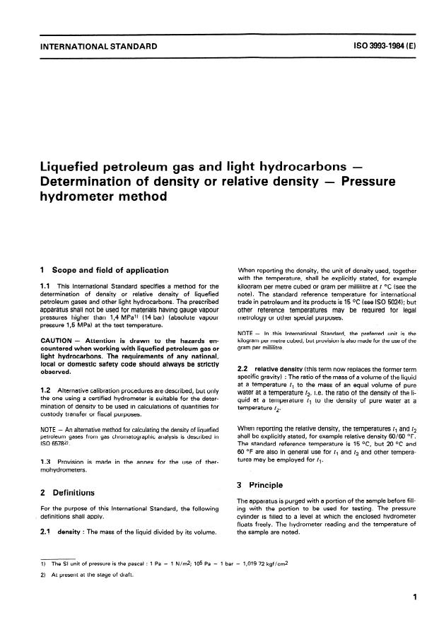 ISO 3993:1984 - Liquefied petroleum gas and light hydrocarbons -- Determination of density or relative density -- Pressure hydrometer method