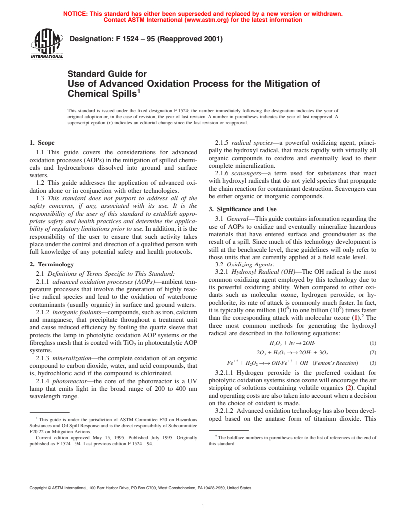 ASTM F1524-95(2001) - Standard Guide for Use of Advanced Oxidation Process for the Mitigation of Chemical Spills