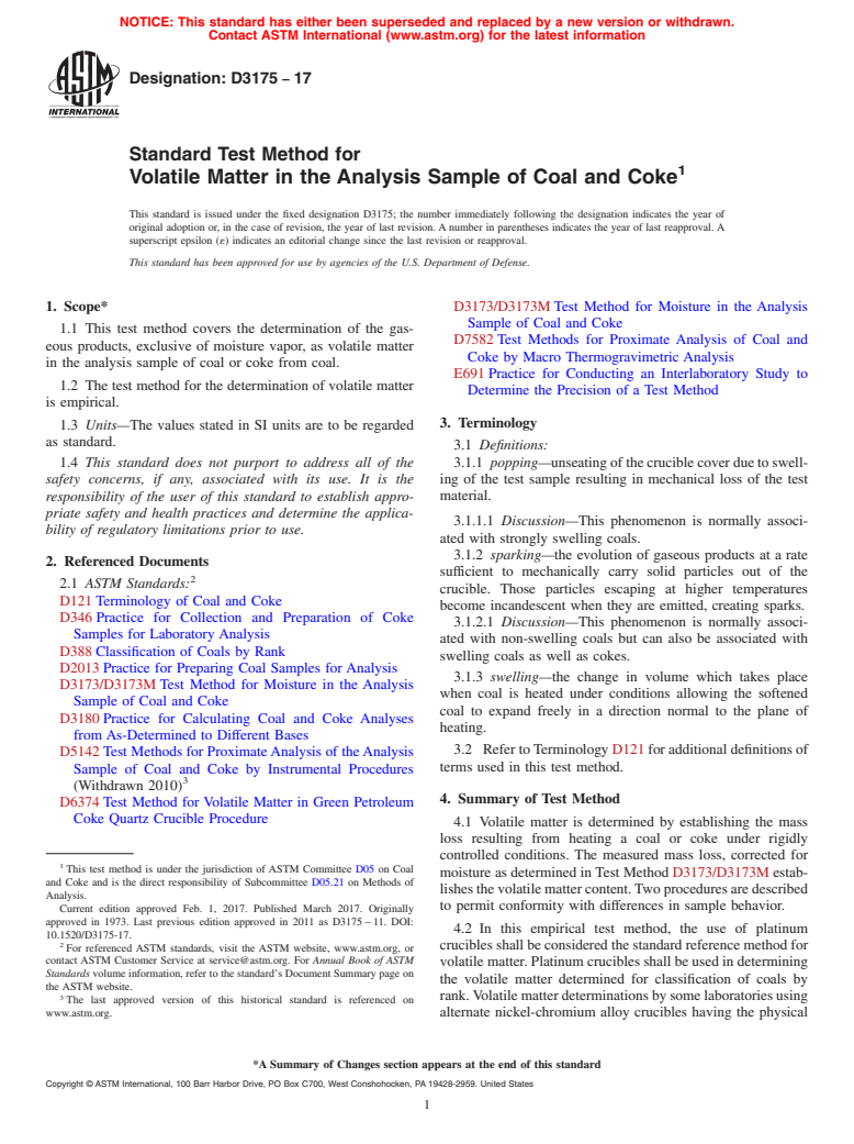 ASTM D3175-17 - Standard Test Method for  Volatile Matter in the Analysis Sample of Coal and Coke