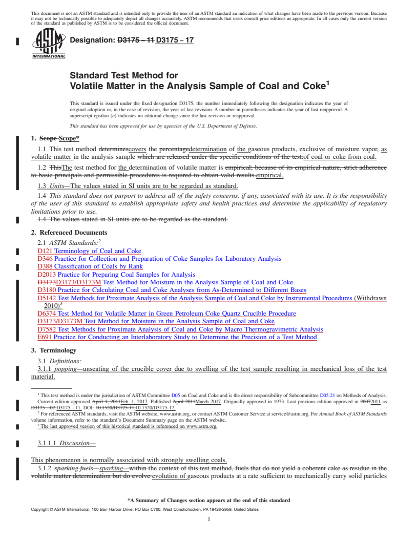 REDLINE ASTM D3175-17 - Standard Test Method for  Volatile Matter in the Analysis Sample of Coal and Coke