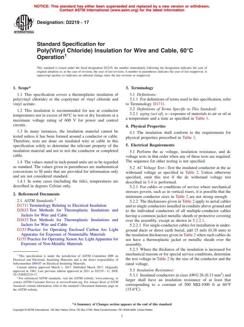 ASTM D2219-17 - Standard Specification for  Poly(Vinyl Chloride) Insulation for Wire and Cable, 60&#xb0;C   Operation