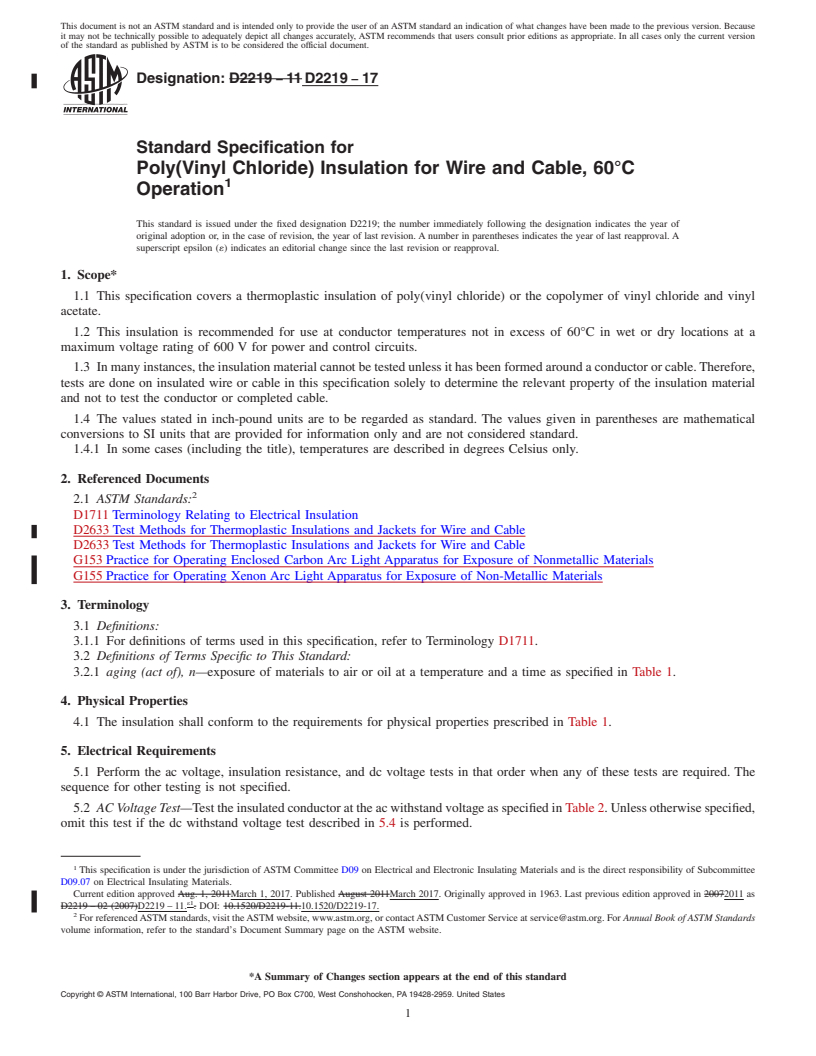 REDLINE ASTM D2219-17 - Standard Specification for  Poly(Vinyl Chloride) Insulation for Wire and Cable, 60&#xb0;C   Operation