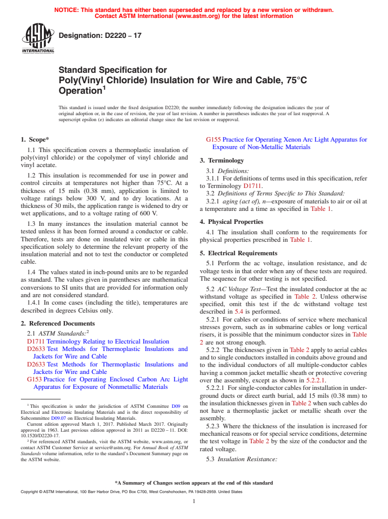 ASTM D2220-17 - Standard Specification for  Poly(Vinyl Chloride) Insulation for Wire and Cable, 75&#xb0;C   Operation