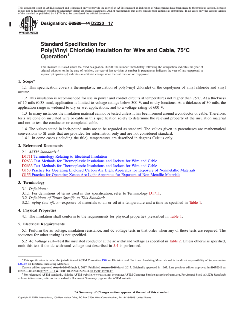 REDLINE ASTM D2220-17 - Standard Specification for  Poly(Vinyl Chloride) Insulation for Wire and Cable, 75&#xb0;C   Operation