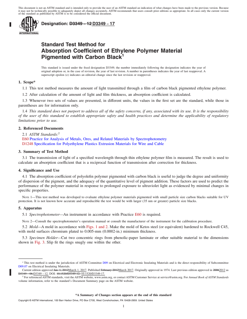 REDLINE ASTM D3349-17 - Standard Test Method for  Absorption Coefficient of Ethylene Polymer Material Pigmented   with Carbon Black