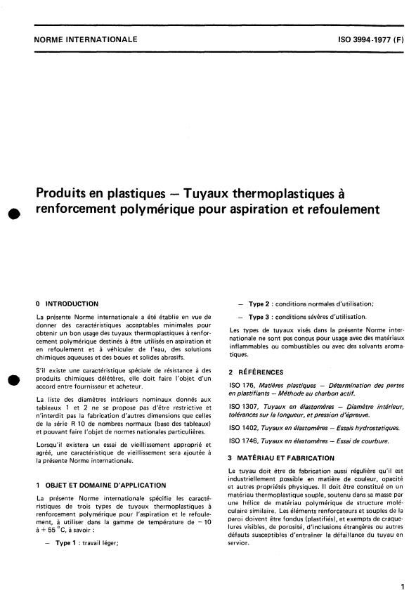ISO 3994:1977 - Produits en plastiques -- Tuyaux thermoplastiques a renforcement polymérique pour aspiration et refoulement