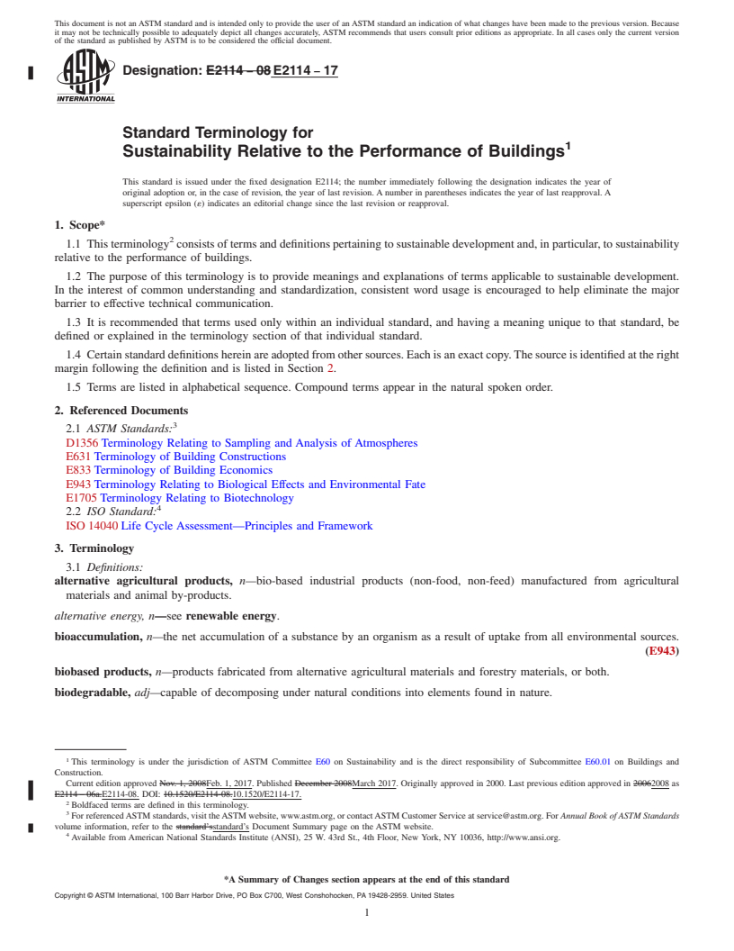 REDLINE ASTM E2114-17 - Standard Terminology for Sustainability Relative to the Performance of Buildings
