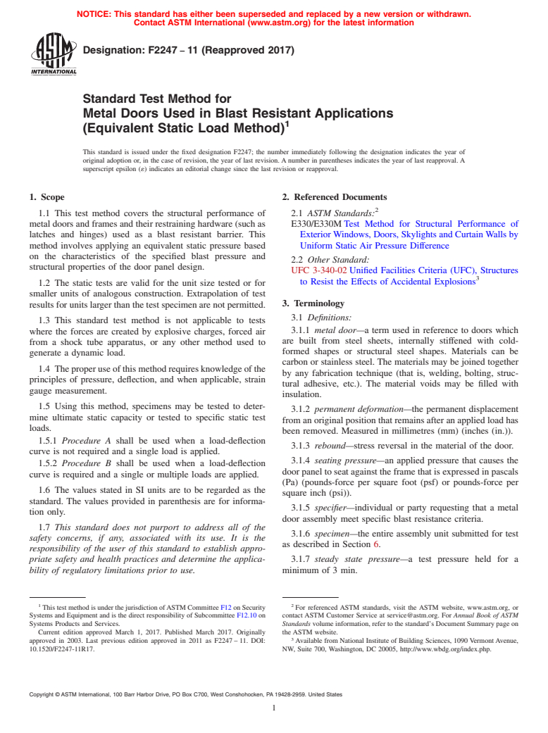 ASTM F2247-11(2017) - Standard Test Method for  Metal Doors Used in Blast Resistant Applications (Equivalent  Static Load Method)