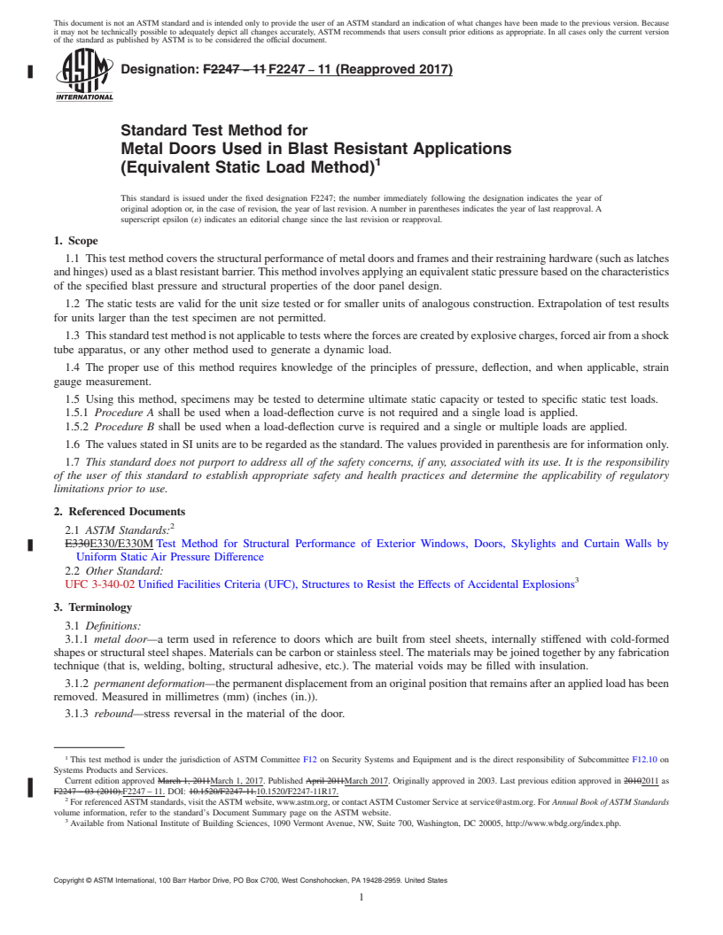 REDLINE ASTM F2247-11(2017) - Standard Test Method for  Metal Doors Used in Blast Resistant Applications (Equivalent  Static Load Method)